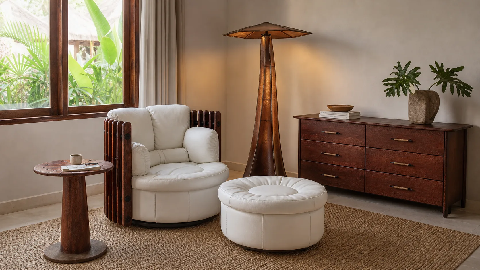 Pacific Green Isle D’Palm Armchair with ottoman, Rocket Table, Figtree lamp and six-drawer unit in a boutique hotel reading suite