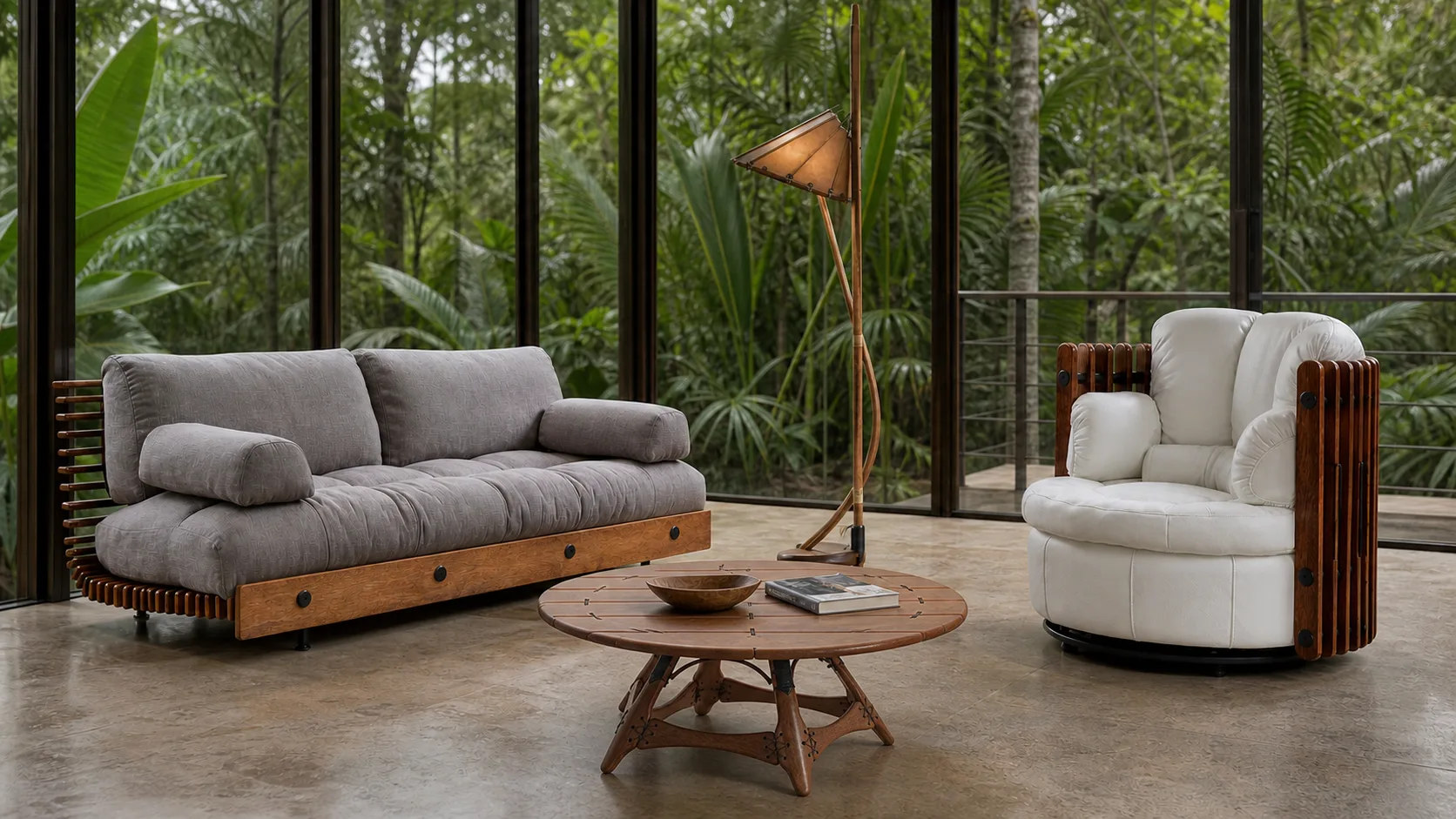 Pacific Green Isle D’Palm Armchair with Hawaiian sofa, Navajo circular coffee table and Driftwood lamp in a rainforest glasshouse