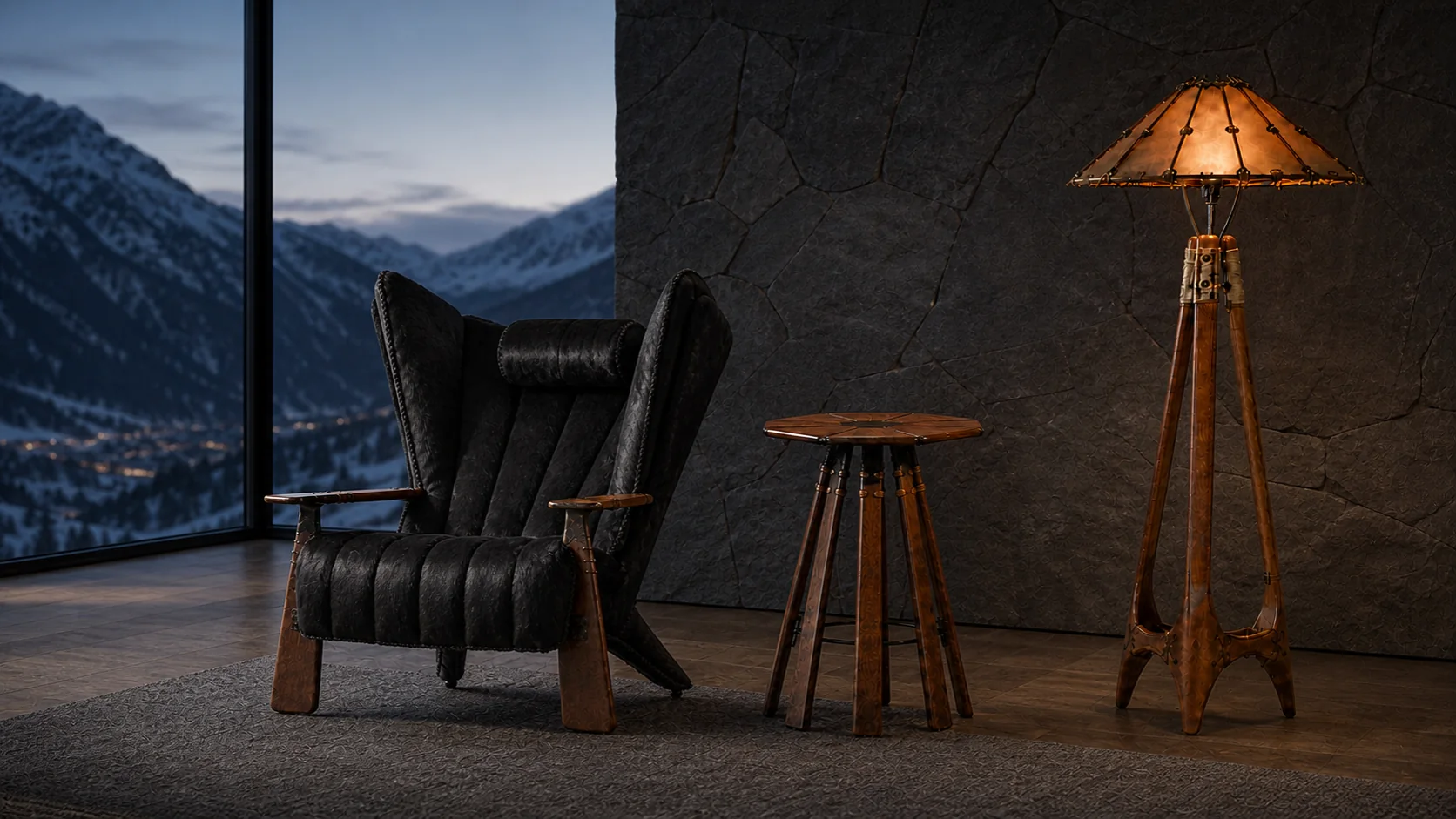 Pacific Green Verite Armchair in black fur with a Rocket Table and Navajo floor lamp in an alpine interior