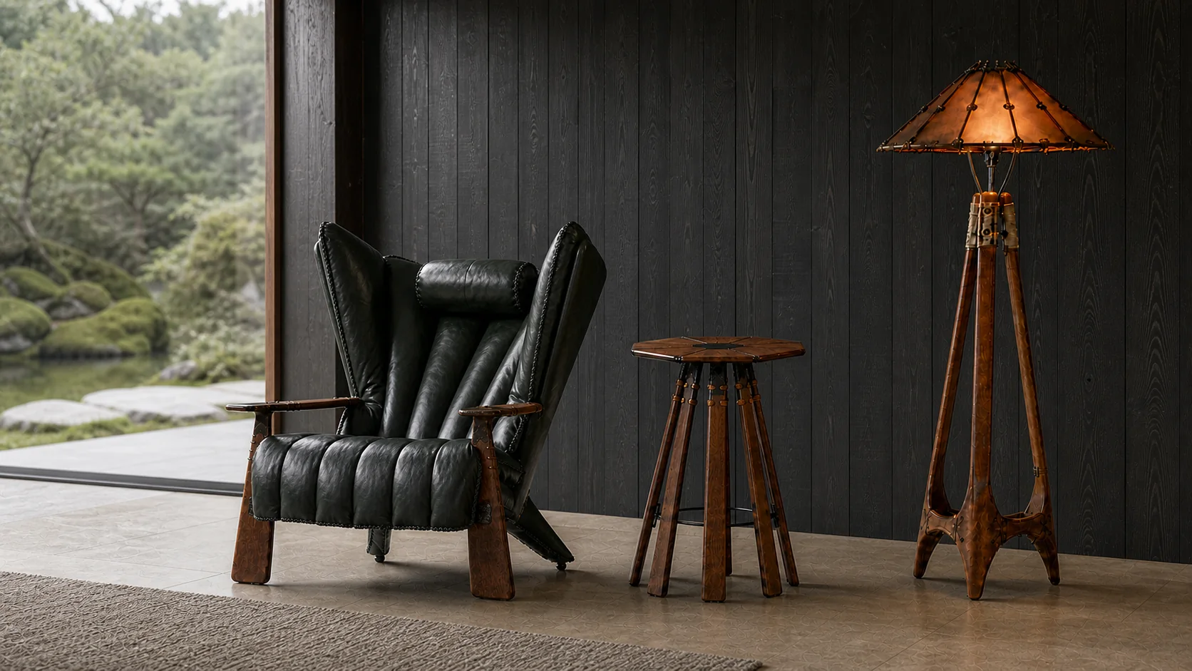 Pacific Green Verite Armchair in black-green leather with a Rocket Table and Navajo floor lamp beside a Zen garden