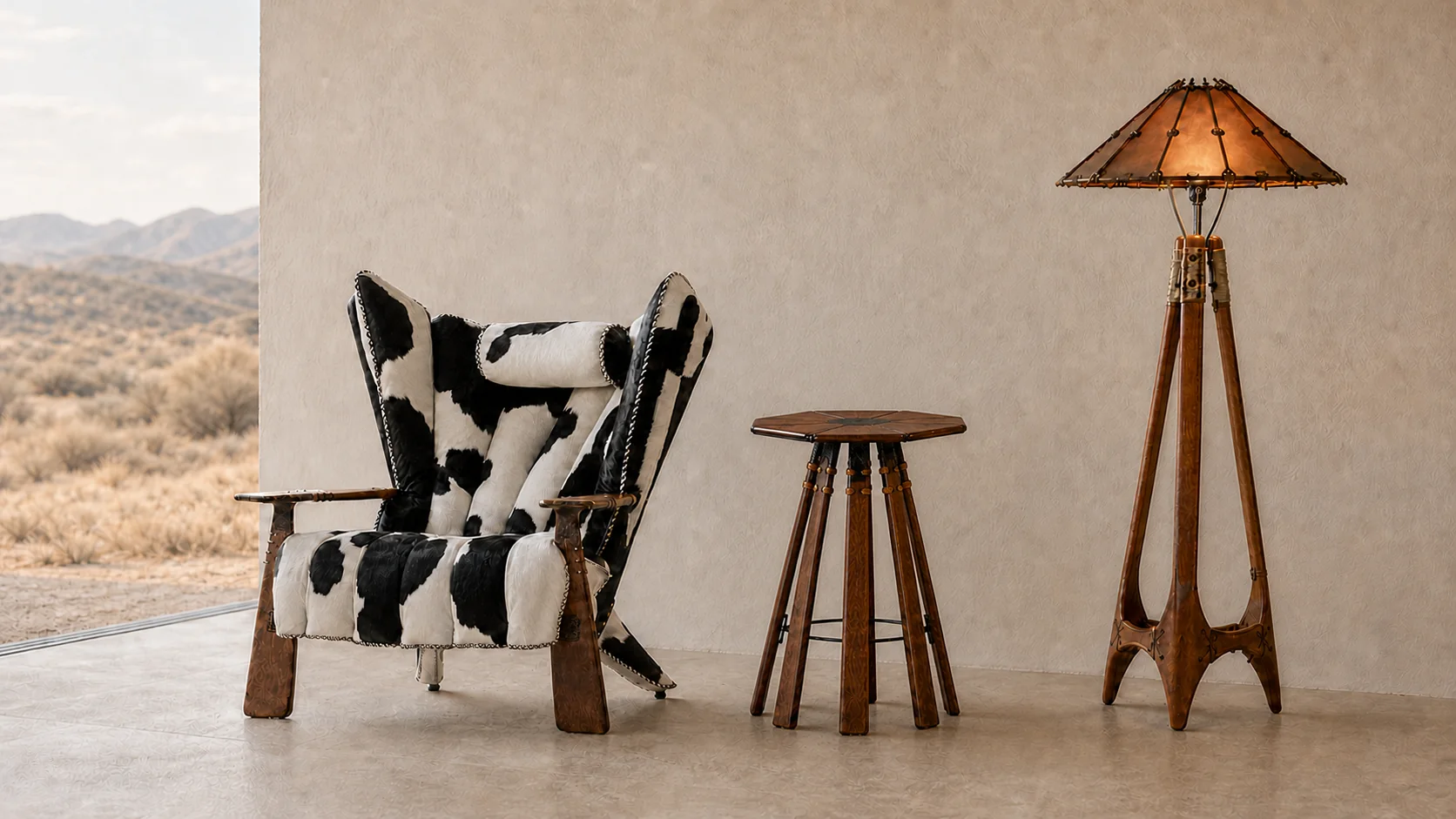 Pacific Green Verite Armchair in cowhide with a Rocket Table and Navajo floor lamp in a desert interior