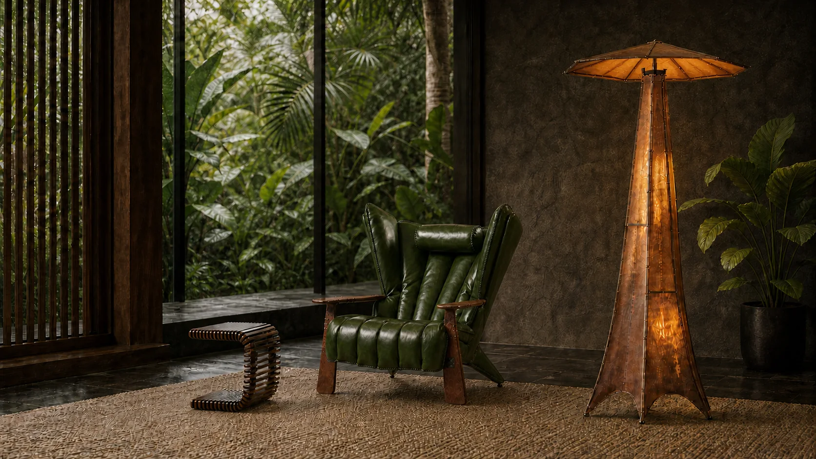 Pacific Green Verite Armchair in deep green leather with a Rocket Table and Navajo floor lamp in a rainforest interior