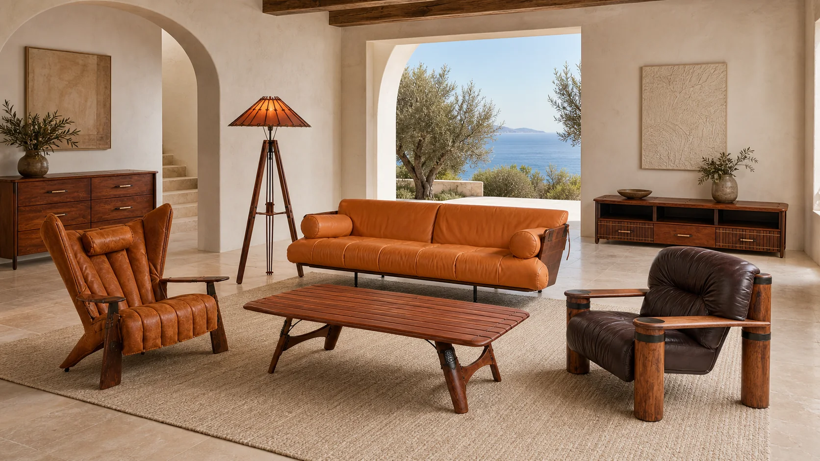 Pacific Green Verite Armchair with a Cosmopolitan sofa, Messina Armchair and Navajo coffee table in a Mediterranean villa living room