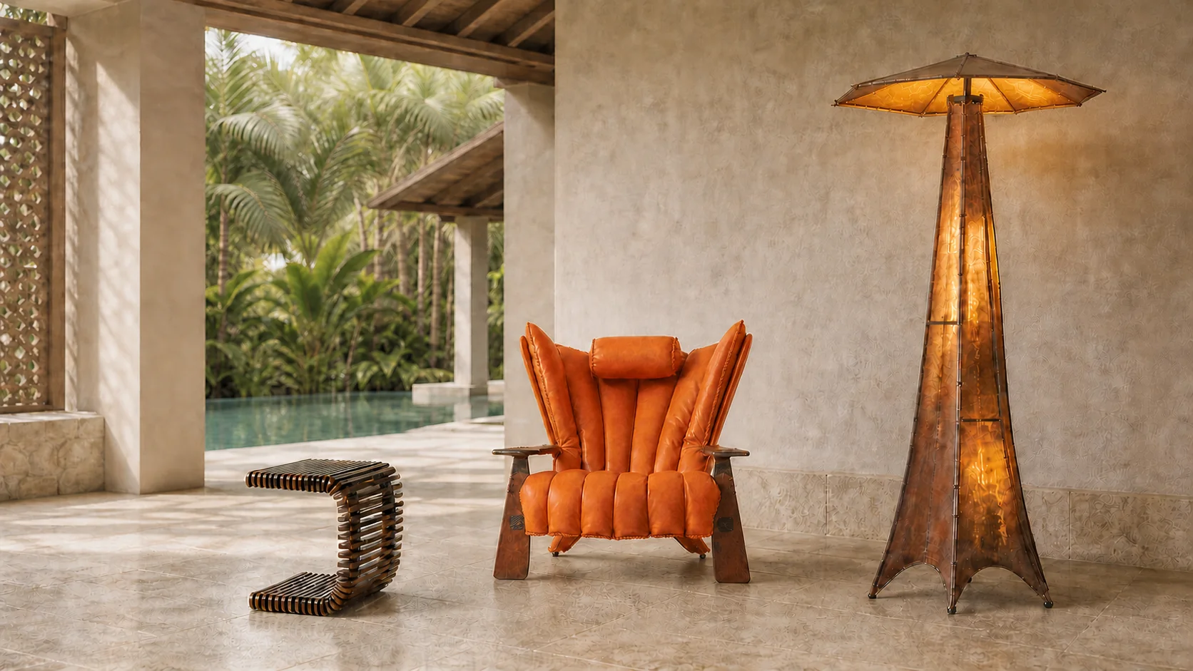 Pacific Green Verite Armchair in orange leather with a Rocket Table and Navajo floor lamp beside a tropical pool pavilion