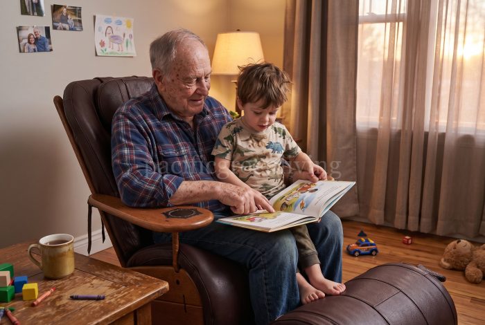 Grandparent and child sharing a warm family moment around the Pacific Green Havana Armchair