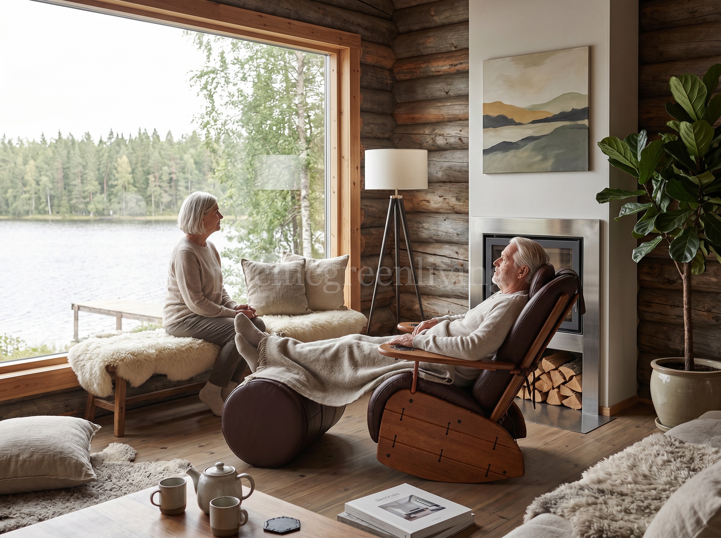 Pacific Green Havana Armchair in a lakeside cabin lounge