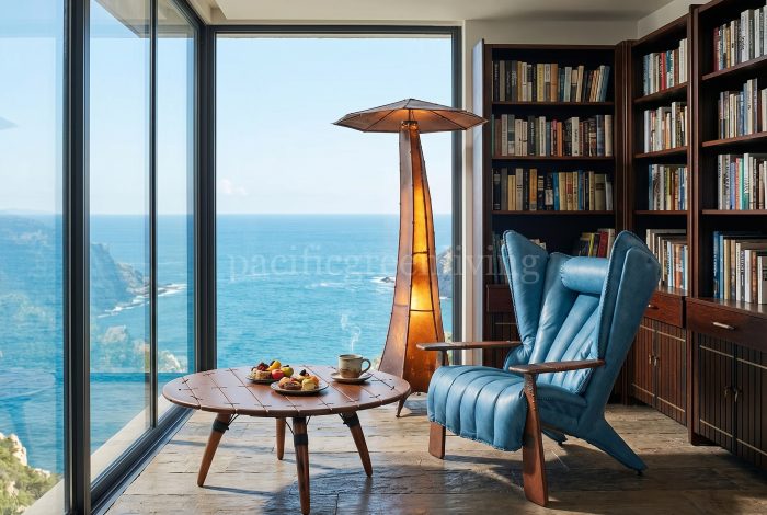 Healing personal study with blue Verite Armchair, Lima Coffee Table, Two Door Open Wall Unit and Figtree Lamp beside a sea view