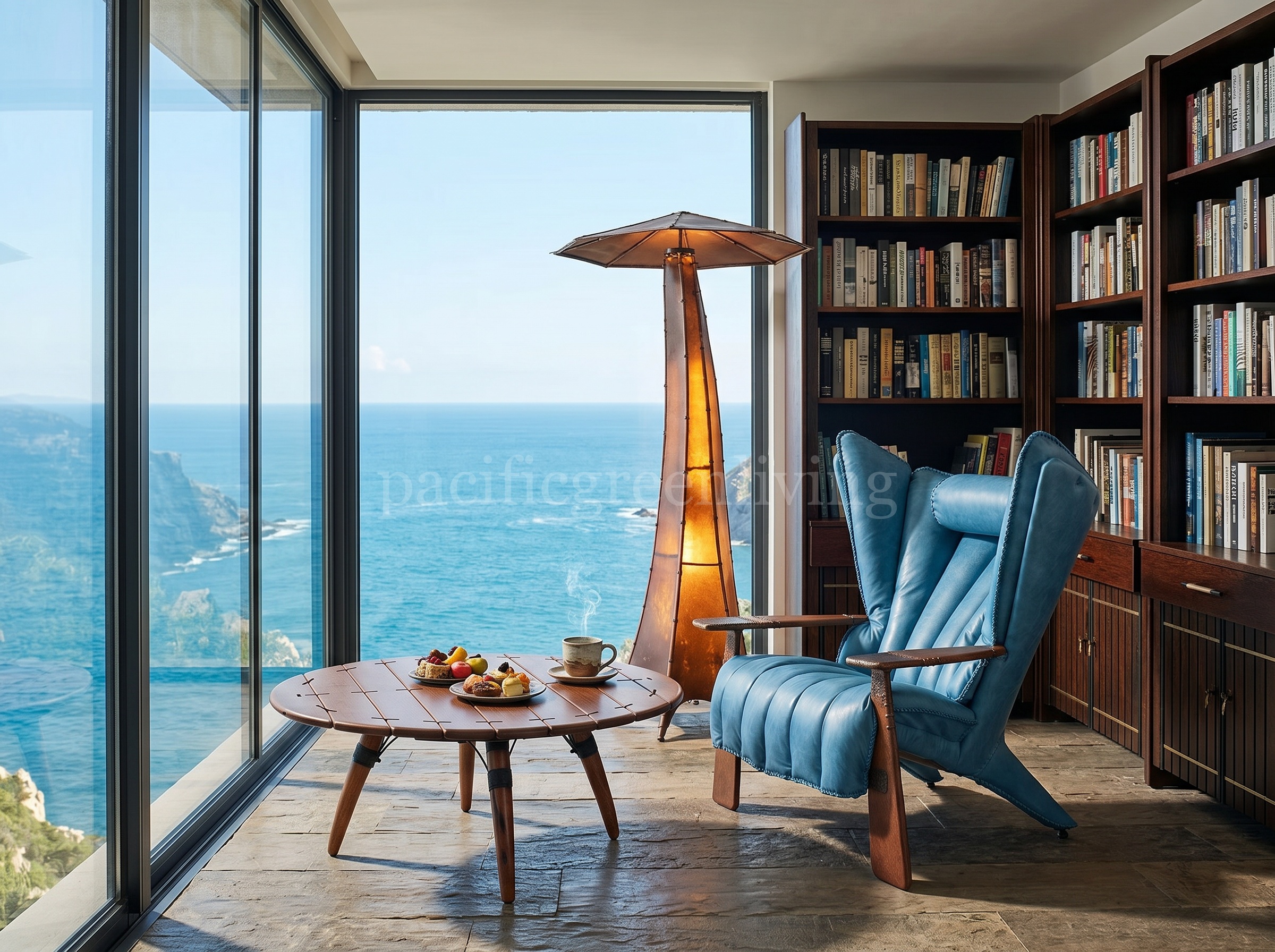 Healing personal study with blue Verite Armchair, Lima Coffee Table, Two Door Open Wall Unit and Figtree Lamp beside a sea view