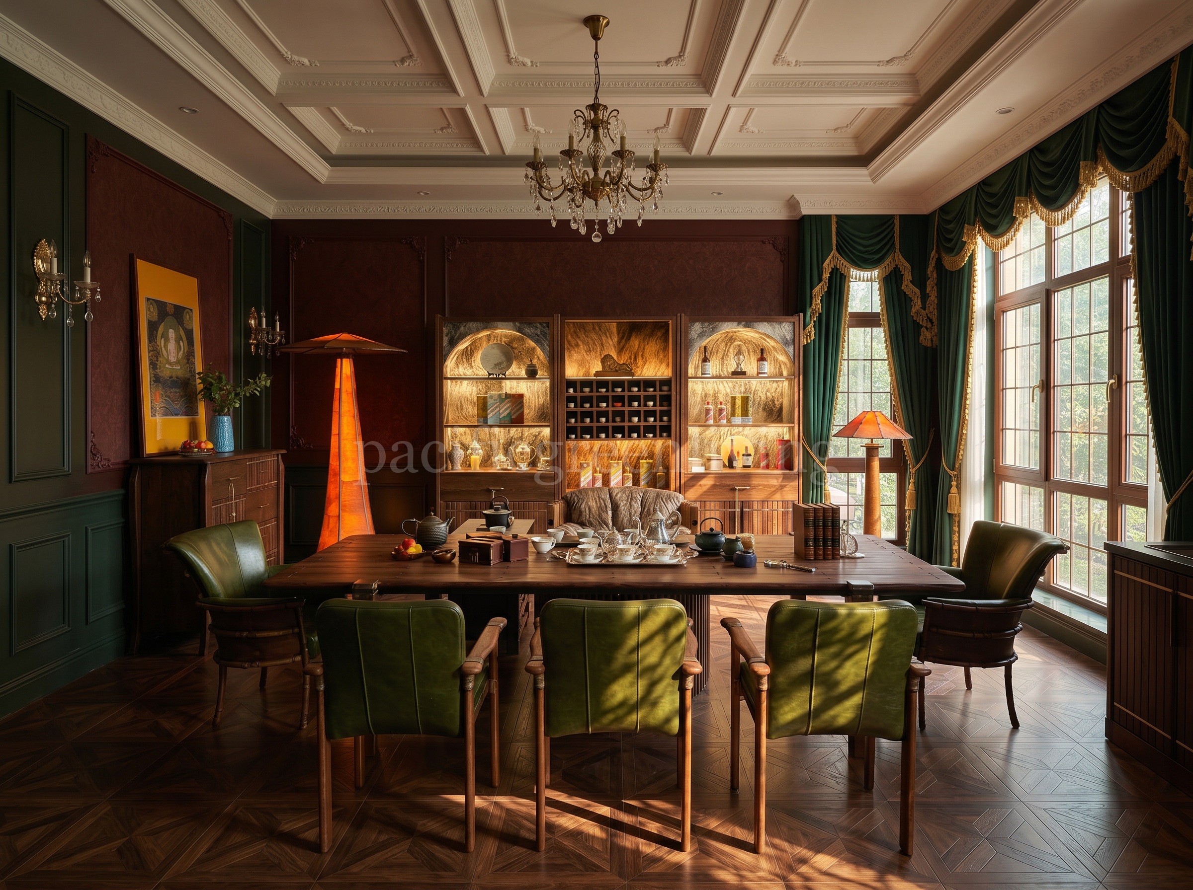 English classical Pacific Green tea room furniture scheme