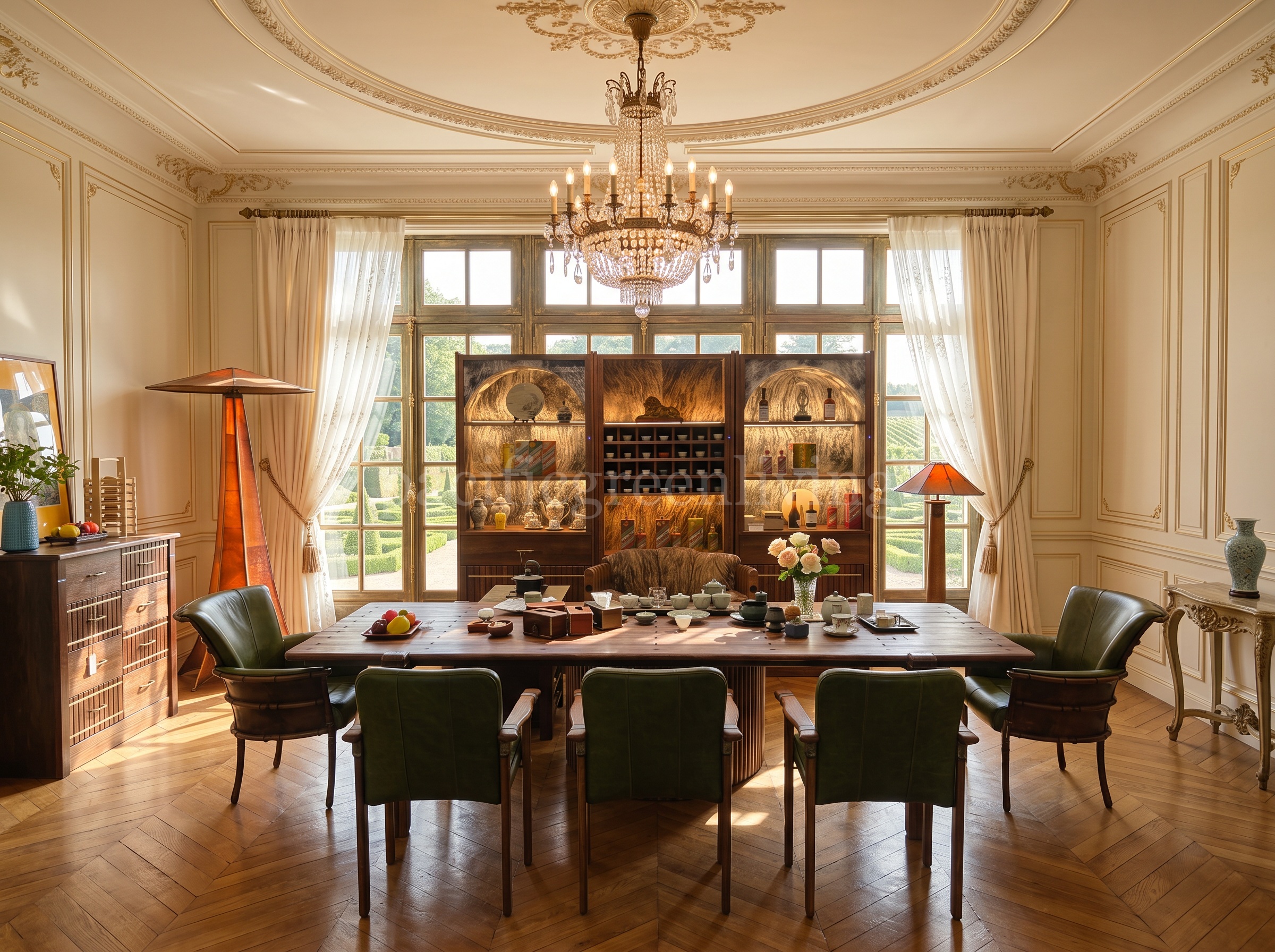 French elegance Pacific Green tea room furniture scheme