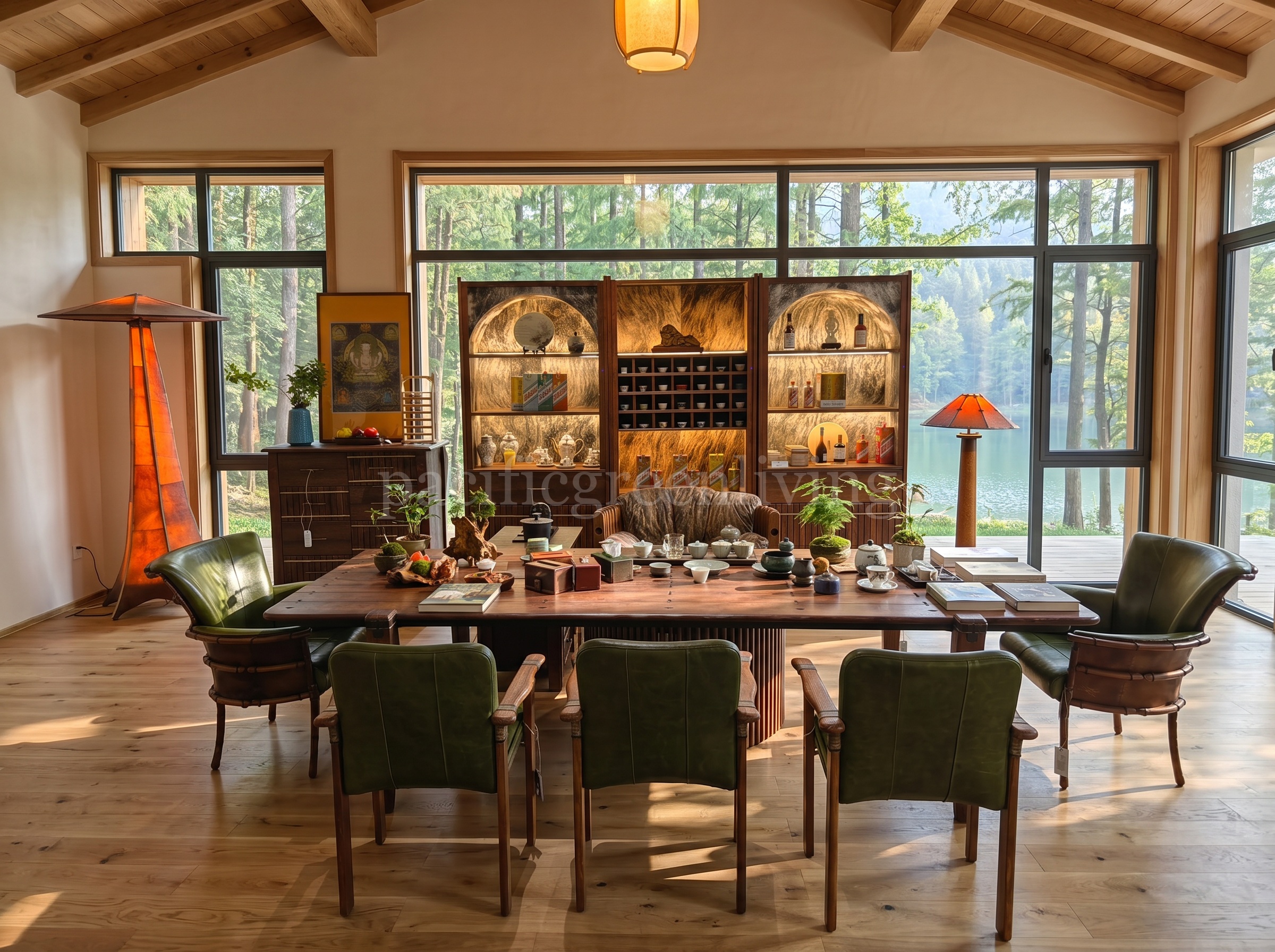 Nordic natural tea room with Pacific Green furniture and Isle D'Palm Armchair as the centrepiece