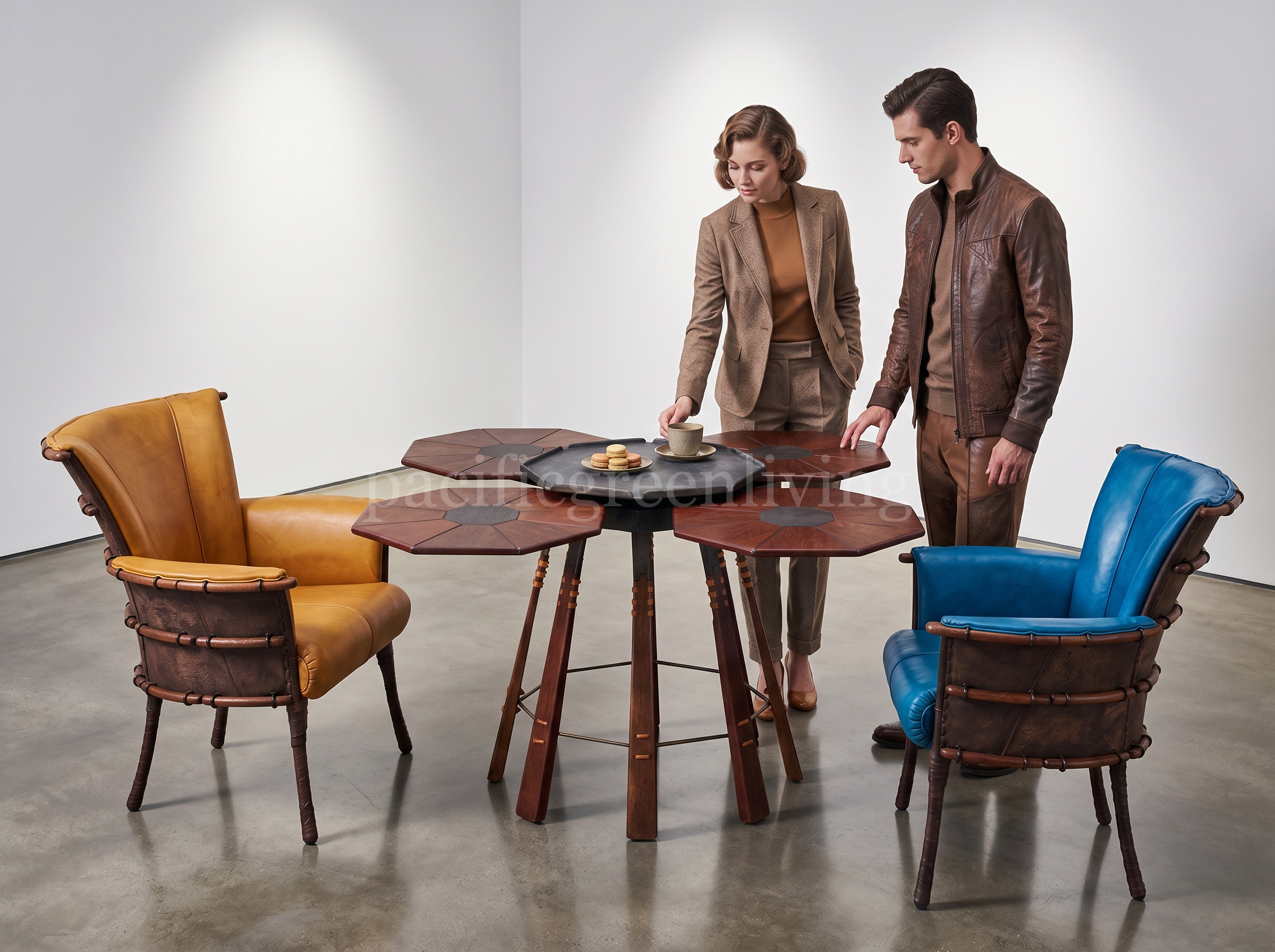 Overhead view of Pacific Green VERITAS DINING TABLE and NAVAJO DINING CHAIR setting