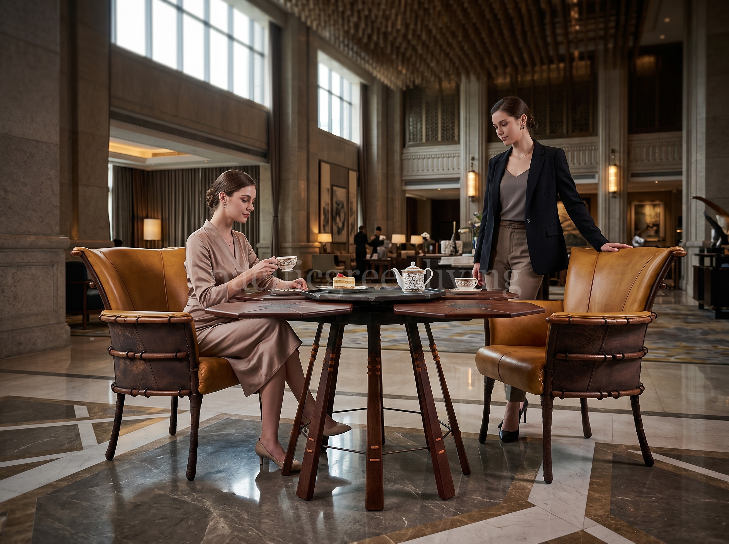 Pacific Green VERITAS DINING TABLE and NAVAJO DINING CHAIR in a luxury hotel lobby
