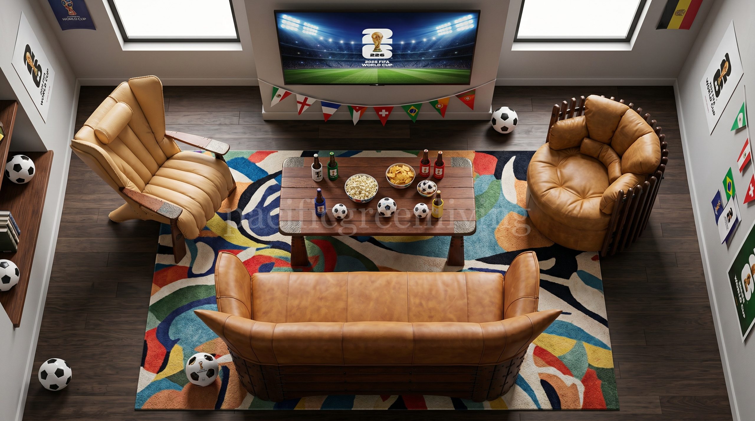 Overhead view of a World Cup living room with Pacific Green luxury furniture