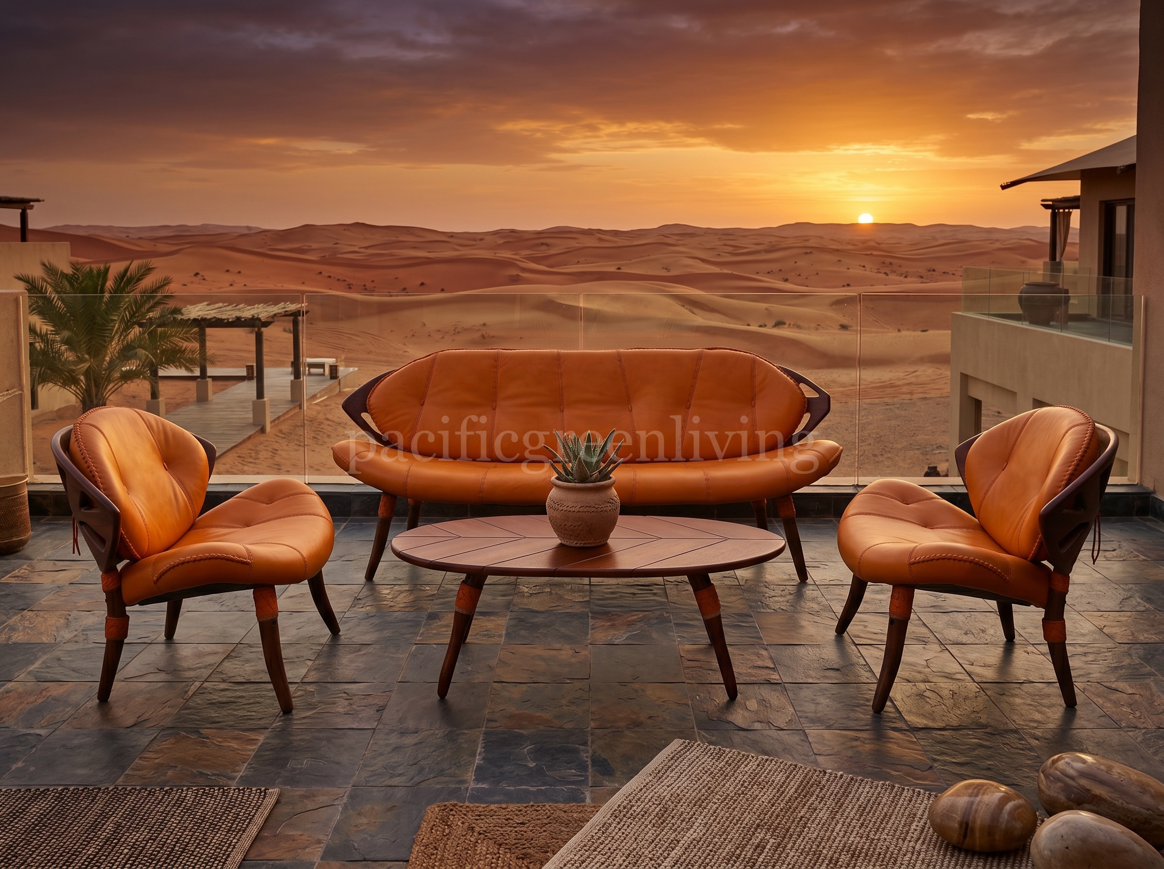 Pacific Green Zulu balcony lounge in desert reset mood