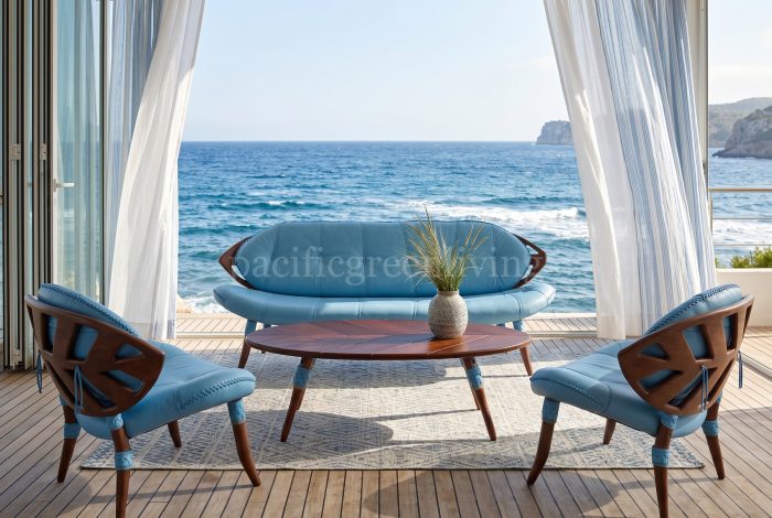 Seaside sky blue sheltered balcony lounge with Pacific Green Zulu furniture