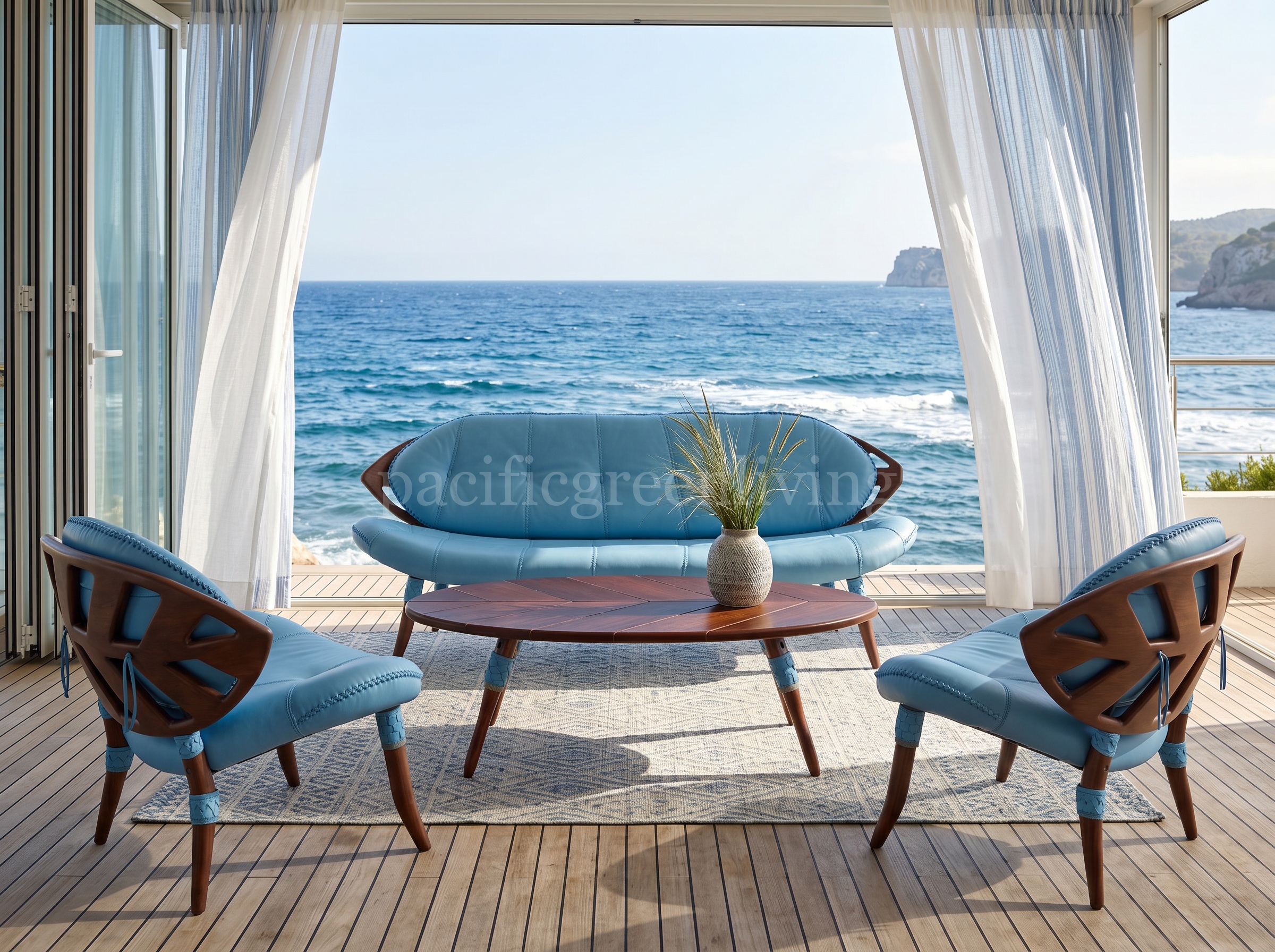 Seaside sky blue sheltered balcony lounge with Pacific Green Zulu furniture