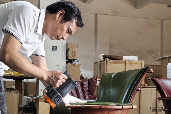 Pacific Green quality assurance inspection for handcrafted Palmwood and leather furniture